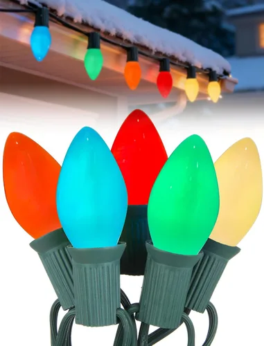 Vista 11 de C7 Luces de Navidad, 7.6 metros de luces de cadena C7 transparentes de Navidad con 27 bombillas C7 de luz blanca cálida, luces de cadena vintage