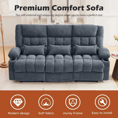 Vista 7 de MAHOMICO Sofá reclinable con portavasos para sala de estar, manual de 3 asientos, sillón reclinable de gran tamaño con ergonómico, bolsillo lateral