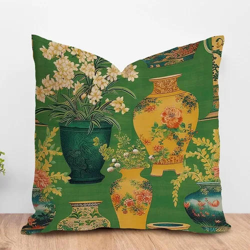 Vista 25 de ArogGeld Chinoiserie - Funda de cojín para sofá, diseño floral de peonía, color verde azulado, verde y rojo, diseño de peonía, diseño escénico