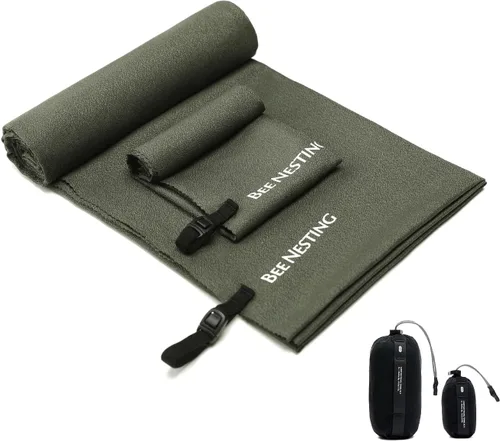 Vista 24 de Bee Nesting Toalla ultraligera de secado rápido – Paquete de 2 toallas de microfibra medianas y pequeñas con bolsillo compacto plegable para viajes