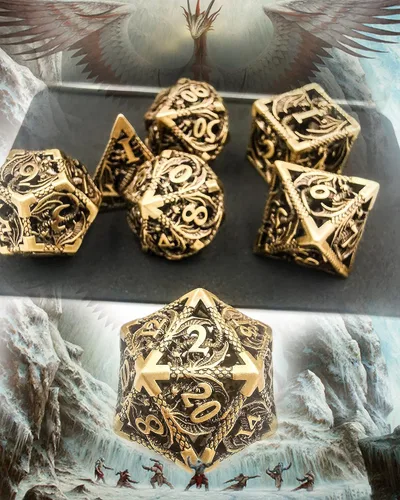 Vista 4 de Juego de dados de metal DND Dungeons and Dragon, juego de dados huecos poliédricos de dragón mágico de 7 piezas con caja de metal de regalo