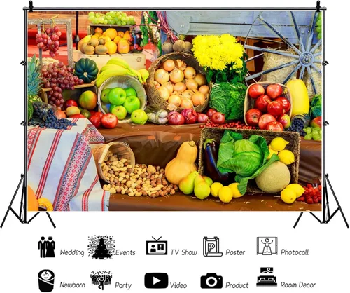 Vista 5 de CSFOTO Fondo de 5 x 3 pies para exhibición de frutas, verduras, fotografía, telón de fondo, cosecha, crisantemo, flores, flores, otoño, fiesta