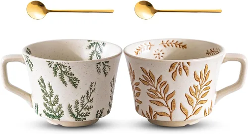 Vista 7 de Juego de 4 tazas de café con cuchara dorada, taza de cerámica pintada a mano de estilo antiguo de 11 onzas para hombres y mujeres, regalos únicos
