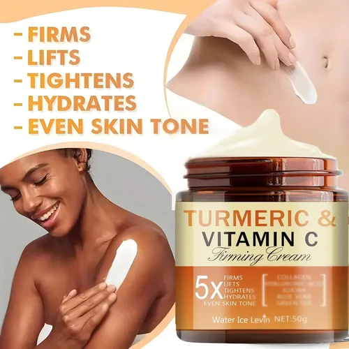 Vista 2 de Soelegant Crema reafirmante de cúrcuma y vitamina C para cara y ojos, hidratante antienvejecimiento con aloe, té verde, colágeno, hidrata, tensa