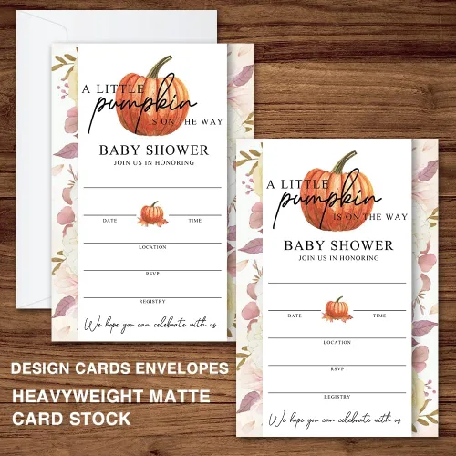 Vista 2 de JY023 - Invitaciones para baby shower de otoño con diseño de calabaza dulce está en camino, hojas de otoño, tema de otoño, paquete de 20 tarjetas
