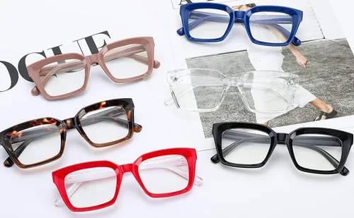 Vista 6 de Hycredi Gafas cuadradas clásicas sin receta para mujeres y hombres, lentes de montura cuadrada gruesa, A4*2pack-(azul+rojo)
