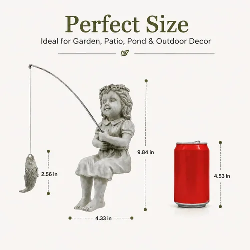 Vista 2 de Goodeco Estatua de jardín de Fishergirl – Pequeño pescador de 11 pulgadas para estanque Koi o cascadas, estatua junto a la piscina con guijarros que