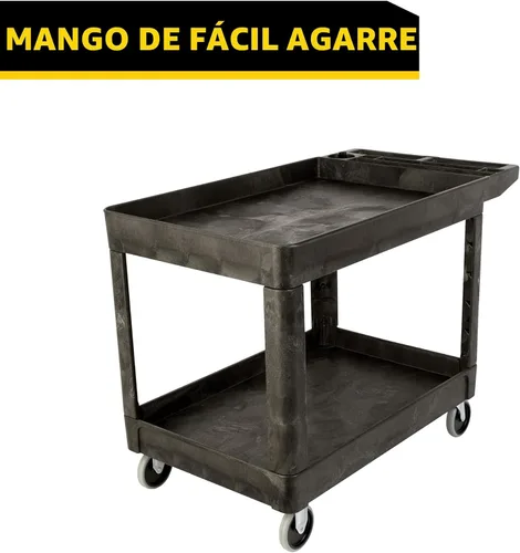 Vista 2 de Carrito de utilería Rubbermaid Commercial Products FG452089BLA resistente, 2 estantes con ruedas, mediano, color negro