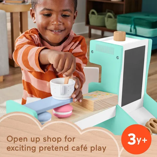 Vista 2 de Fisher-Price Wood Pretend Play Coffee Shop & Toy Register, juego de comida de madera de 20 piezas para niños preescolares a partir de 3 años