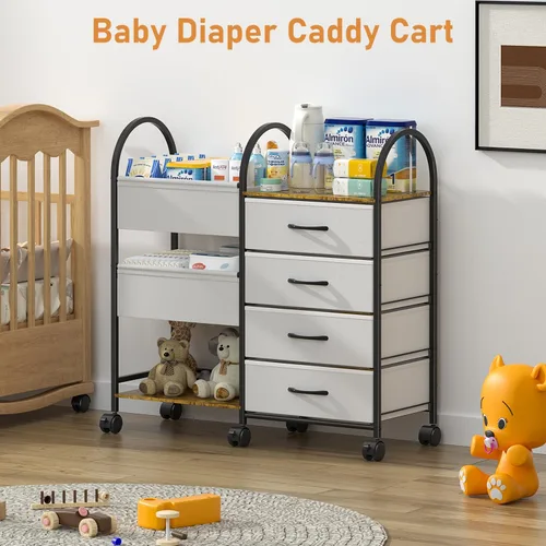 Vista 3 de Carrito organizador de pañales para bebés con ruedas, carrito de pañales rodante de 4 niveles con separadores y cajones, almacenamiento de guardería