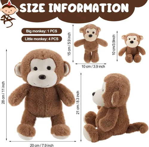 Vista 3 de Lewtemi 5 piezas de animales de peluche grandes de mono con 4 lindos monos de peluche suaves animales de peluche para niños y niñas, regalos