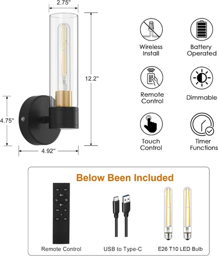 Vista 7 de Juego de 2 apliques de pared a pilas, luces de pared inalámbricas con control remoto, lámparas de pared regulables recargables para dormitorio