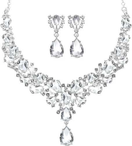 Vista 8 de Hicarer Conjunto de joyas de cristal en forma de lágrima nupcial para mujer, collar, aretes, boda Negro