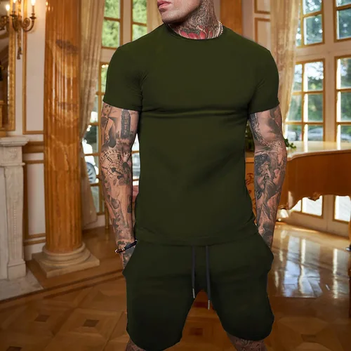 Vista 4 de RTRDE Conjunto de pantalones cortos y pantalones cortos deportivos para hombre, 2 piezas, conjunto de chándal de verano, pantalones deportivos