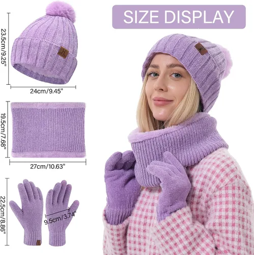 Vista 5 de Gorros de invierno para mujer, bufanda, calentador de cuello, guantes de pantalla táctil, con forro polar cálido, gorras de calavera de punto