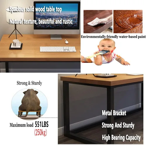 Vista 6 de Mesa de madera maciza para oficina en casa, escritorio de computadora, escritorio para juegos, mesa de conferencias con soporte de metal, mesa