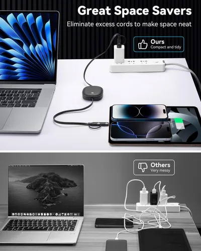 Vista 6 de Cable USB Tipo C Retráctil 5 en 1 de 100W, Paquete de 2 Cables de Carga Múltiple 5A Cable de Carga Rápida Cable USBC con USB A+C a L/C Accesorios