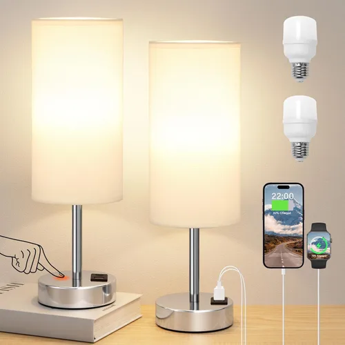 Vista 10 de Dicoool - Lámpara de mesa táctil para mesita de noche de dormitorio - Lámpara de noche con puertos de carga USB-C y USB-A, blanca, lámpara de Metal