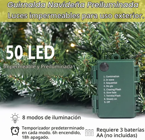 Vista 4 de Guirnalda de Navidad Preiluminada de 9 Pies con 50 Luces LED, Guirnalda de Navidad Estilo Nieve, Decoración Navideña a Batería para Repisa