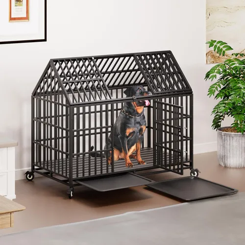 Vista 7 de Jaulas resistentes de 54 pulgadas para perros grandes, jaula indestructible a prueba de escapes con ruedas bloqueables, doble puerta de alta