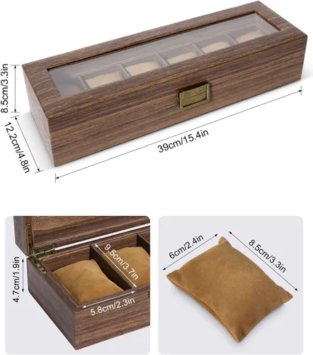 Vista 5 de Uten Caja de reloj con 6 ranuras, organizador de caja de reloj con tapa de vidrio real, caja de almacenamiento de cuero sintético de grano de madera