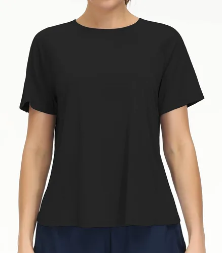 Vista 2 de Tmustobe Camisetas de entrenamiento ligeras de manga corta para mujer, para yoga, gimnasio, cuello redondo, camisetas casuales atléticas para correr
