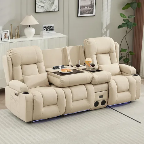 Vista 27 de TUNYI Wall Hugger - Sofá reclinable con consola, sofá biplaza reclinable eléctrico para autocaravana con masaje y Beige