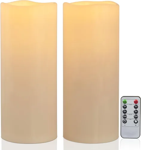Vista 13 de juego de 2 velas sin llama impermeables para exteriores de 10" x 5", operadas por baterías, LED parpadeantes, velas pilar con control remoto