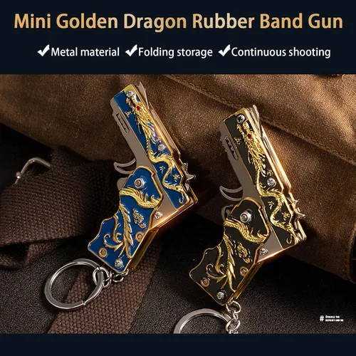 Vista 4 de 2pcs mini oro dragón goma banda pistola metal plegable llavero nuevas e interesantes goma banda juguete pistola al aire libre regalo fiesta