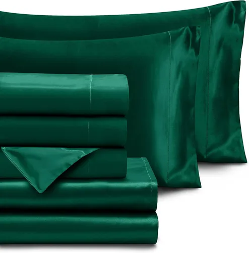 Vista 3 de Homiest Juego de sábanas de satén, tamaño matrimonial, 7 piezas de ropa de cama de satén en verde negruzco, sábana bajera de bolsillo profundo