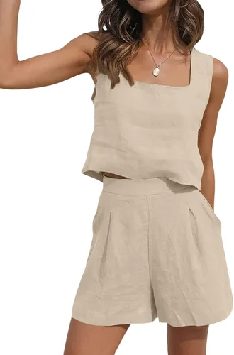 Vista 4 de Conjunto corto de 2 piezas para mujer, conjuntos de verano a juego, camisetas cortas de lino y algodón con bolsillos