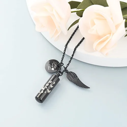 Vista 2 de shajwo Collar de cenizas de urna cilíndrica para mujeres y hombres, joyería de cremación de mariposa, ceniza amada, un colgante de ala de ángel