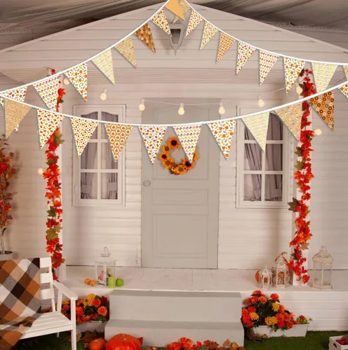 Vista 2 de Decoraciones de fiesta de Hello Fall Banderín triangular de tela para decoración de otoño, boda, fiesta de cumpleaños, día de Acción de Gracias