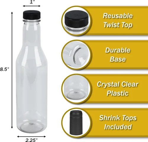 Vista 2 de Pellah - Botellas y tapas de plástico PET, 12 onzas, 12.7 fl oz, con tapas de cierre de tornillo y sellos termorretráctiles negros, para salsa
