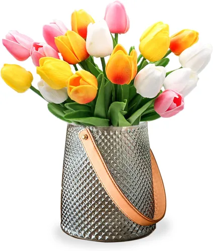 Vista 12 de 30 tulipanes reales al tacto, flores de poliuretano, tulipanes artificiales para arreglos de boda, fiesta, Pascua, primavera, hogar, comedor, Rosa