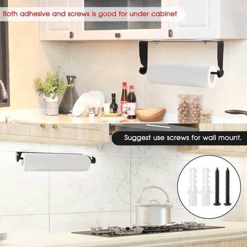 Vista 5 de PHUNAYA Soporte de pared para toallas de papel para debajo del gabinete, para cocina del hogar, acero inoxidable para rollos grandes, color negro