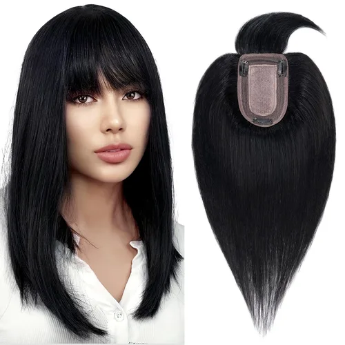 Vista 12 de Benehair Peluca de cabello con clip con flequillo, peluca secreta de cabello 100% humano, postizo superior con flecos, peluca de repuesto