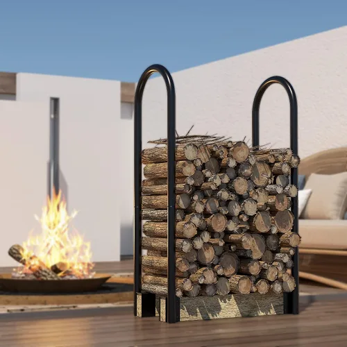 Vista 6 de Fire Beauty Kit de soporte ajustable para leña, soporte de almacenamiento de madera para chimenea, polvo negro, acero recubierto, exterior e