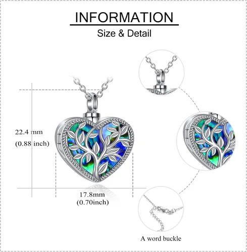 Vista 4 de ONEFINITY Collar de urna de cremación para cenizas de plata de ley con concha de abulón, árbol de la vida, collar con medallón que sostiene imágenes
