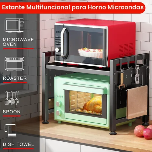 Vista 5 de Kitstorack Estante ajustable para horno de microondas, estante para microondas resistente de 2 niveles con tablas de cortar, soporte para estantes