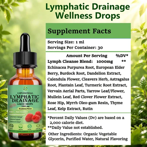 Vista 8 de Gotas de drenaje linfático liposomal Soporte del sistema linfático herbario 18 en 1 w. Echinacea Elderberry Dandelion Burdock Root Cleavers for