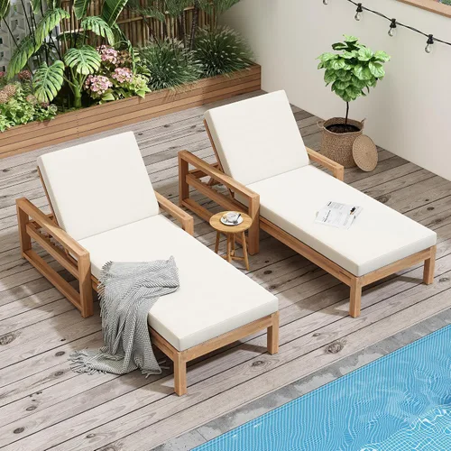 Vista 11 de Tumbona reclinable para patio al aire libre con respaldo ajustable de 5 posiciones y mesa auxiliar de madera, silla lounge para todo tipo de clima