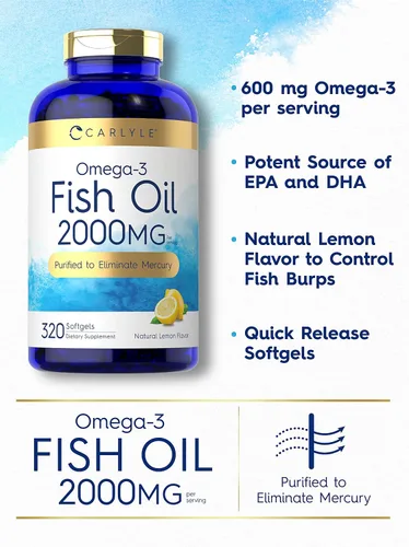 Vista 3 de Suplementos de aceite de pescado con Omega 3 Carlyle 2000 mg 320 cápsulas de gel EPA y DHA 600 mg de Omega-3 total Píldoras sin OGM, sin
