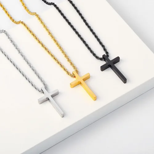 Vista 4 de Collares de cruz de acero inoxidable para hombre, cadena de cuerda negra, plata y oro, collar con colgante de cruz para hombres, niños y mujeres