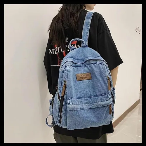 Vista 3 de Mochila de mezclilla para mujeres y hombres, mochila vintage estilo grunge, mochila para computadora portátil, mochila retro para viajes y trabajo