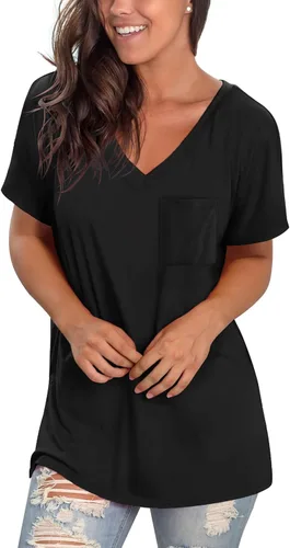 Vista 2 de Geifa Camisetas de manga corta con cuello en V para mujer, camisetas casuales de verano con bolsillo