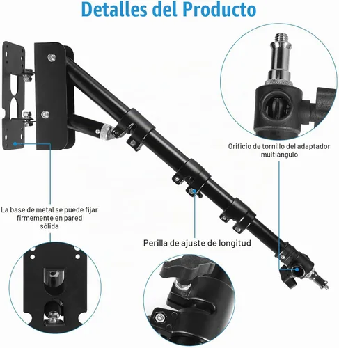 Vista 2 de Fotoconic Soporte de luz de brazo triangular de montaje en pared, 43.3 pulgadas/43.3 in, soporte de luz de anillo de rotación flexible de 180°