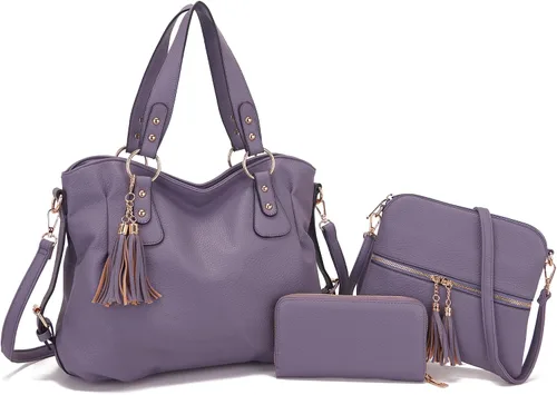 Vista 10 de Qiyuer - Juego de bolsos y carteras para mujer: bolso grande tipo bandolera, bolso tipo hobo y cartera, 3 piezas A01-3pcs/Set Gris