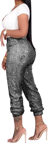 Vista 2 de Salimdy Pantalones deportivos de lentejuelas con purpurina para mujer, cintura alta, elásticos, hip hop, para club, pantalones brillantes, Multi