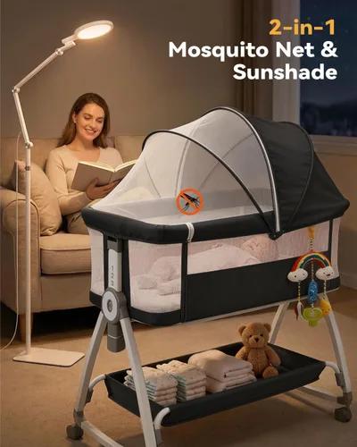 Vista 4 de Moisés 4 en 1 para Bebé Durmiente de Cabecera, Moisés de Cabecera con Ruedas, Moisés Ajustable de 6 Alturas con Colchón Suave, Mosquitero, Juguete